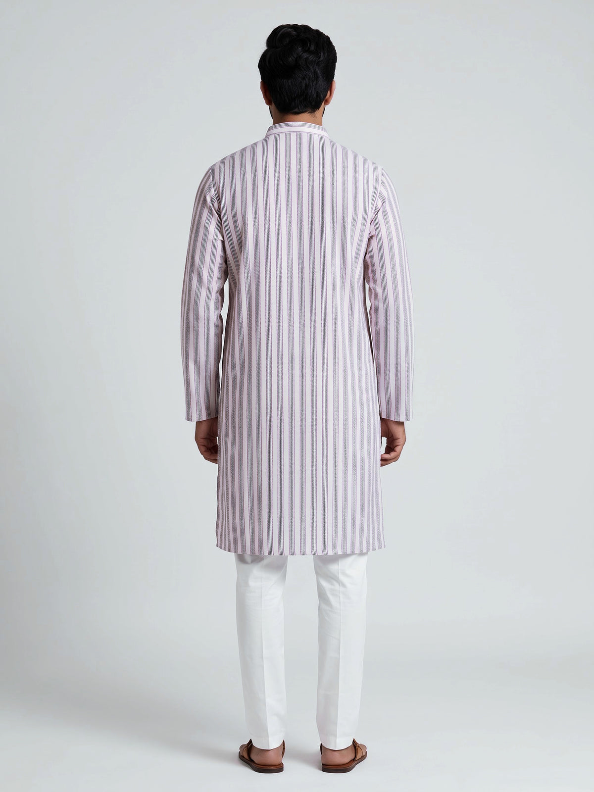 Beige cotton mens kurta suit with refined stripe threadwork