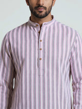 Beige cotton mens kurta suit with refined stripe threadwork