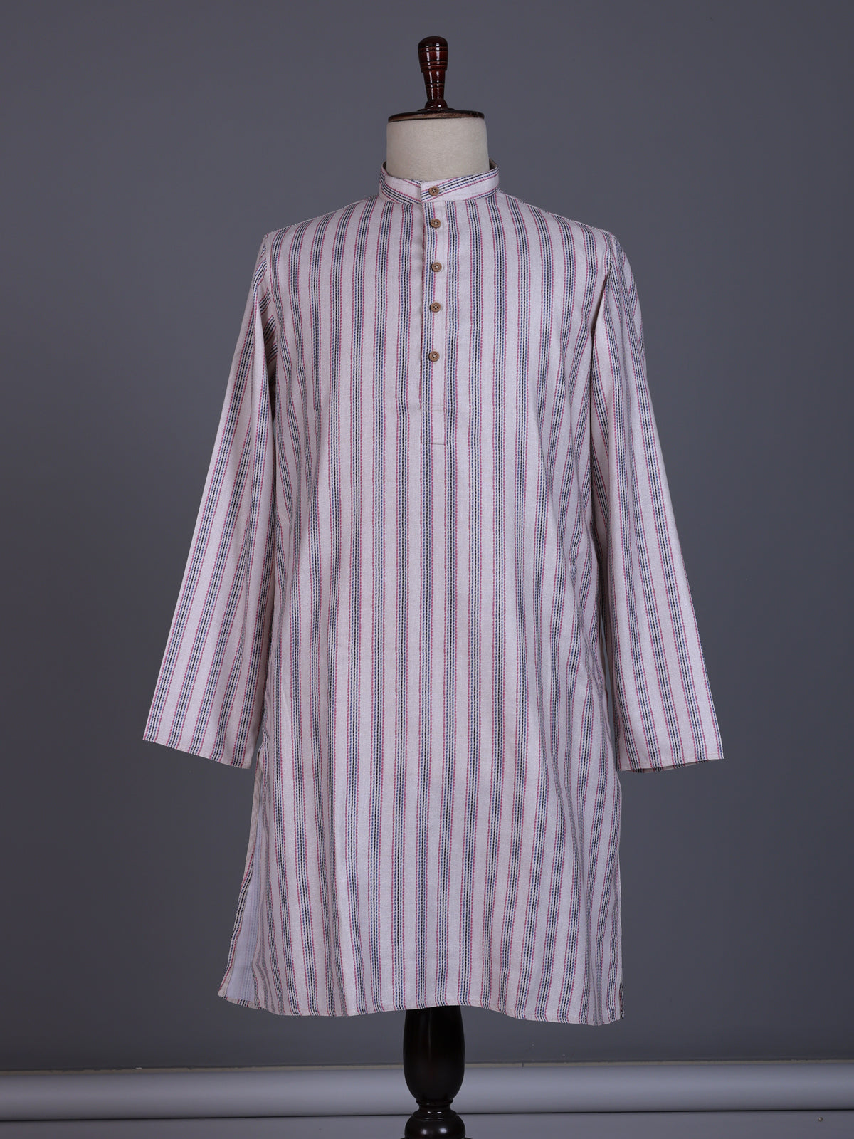 Beige cotton mens kurta suit with refined stripe threadwork
