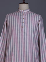 Beige cotton mens kurta suit with refined stripe threadwork