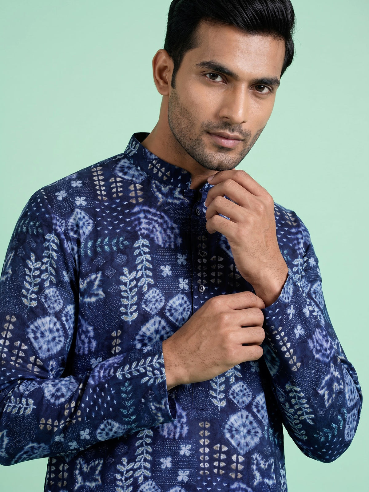 Blue cotton silk mens kurta suit with stylish print and mandarin collar