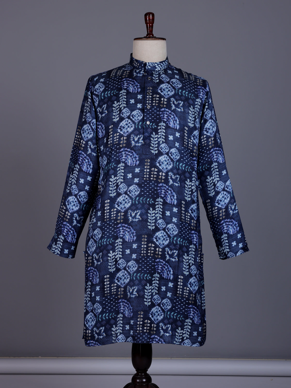 Blue cotton silk mens kurta suit with stylish print and mandarin collar