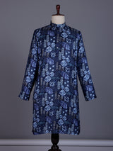 Blue cotton silk mens kurta suit with stylish print and mandarin collar