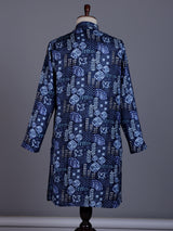 Blue cotton silk mens kurta suit with stylish print and mandarin collar