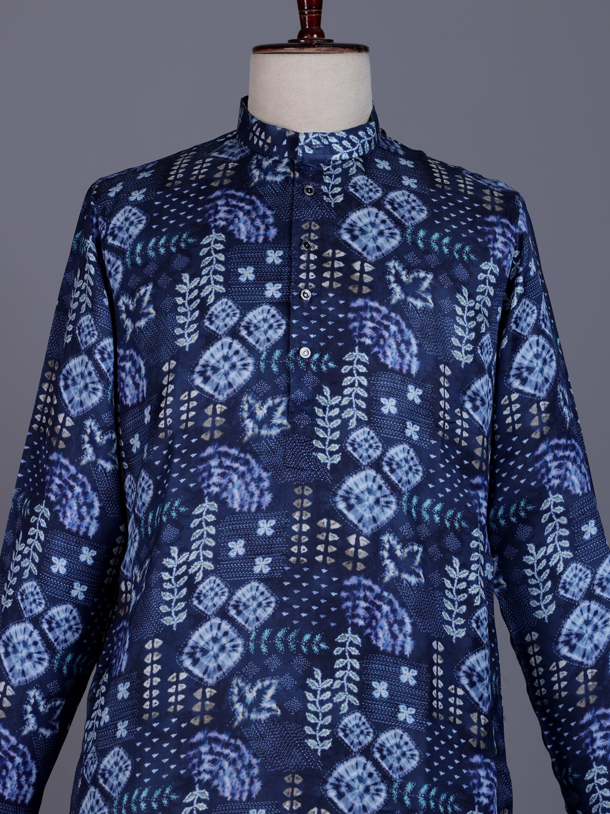 Blue cotton silk mens kurta suit with stylish print and mandarin collar