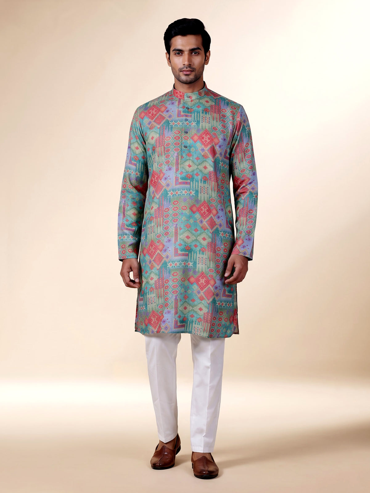 Sky blue cotton silk mens kurta suit with elegant traditional print