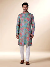 Sky blue cotton silk mens kurta suit with elegant traditional print