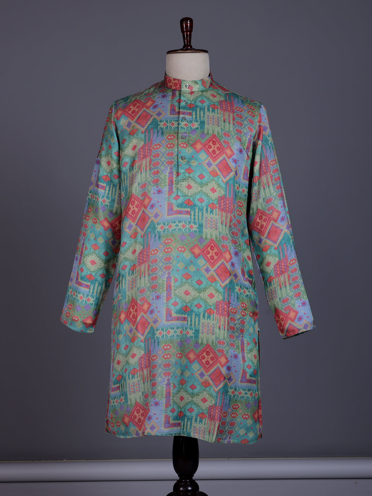 Sky blue cotton silk mens kurta suit with elegant traditional print