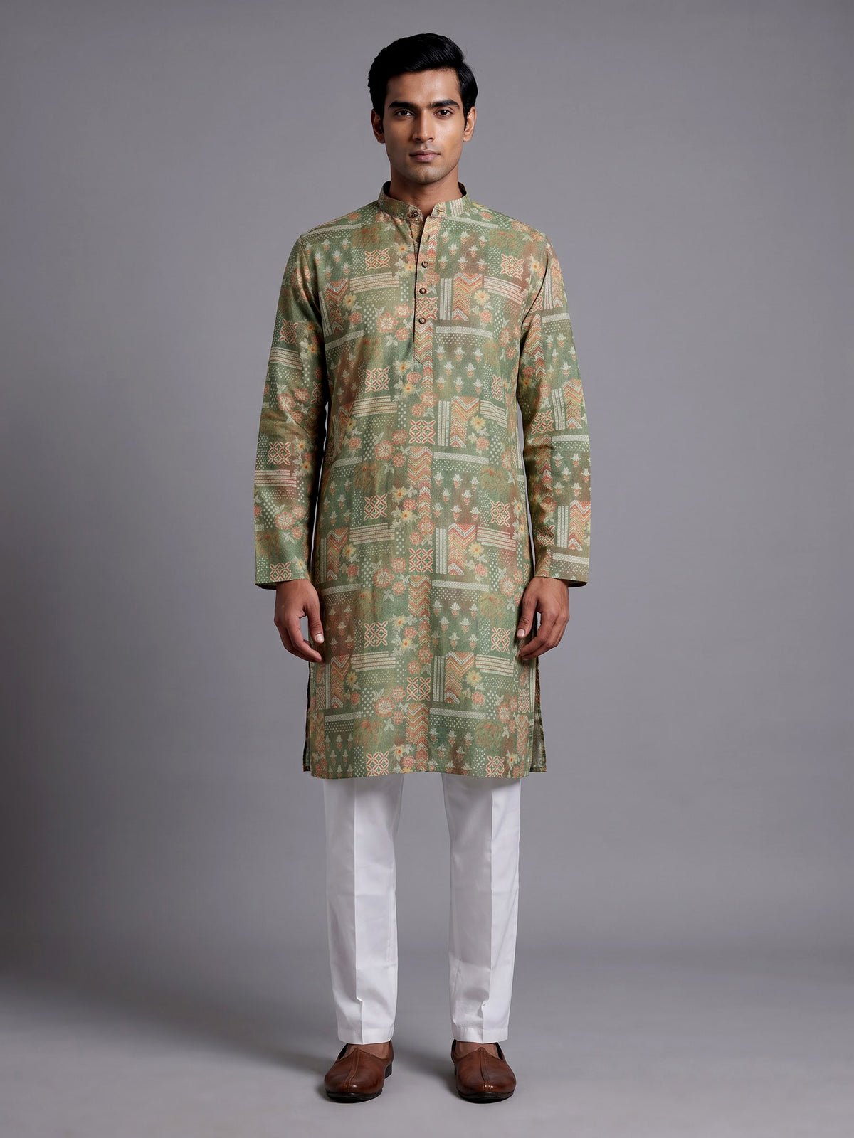 Pista green cotton silk mens kurta suit with delicate floral print