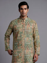 Pista green cotton silk mens kurta suit with delicate floral print