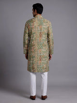 Pista green cotton silk mens kurta suit with delicate floral print