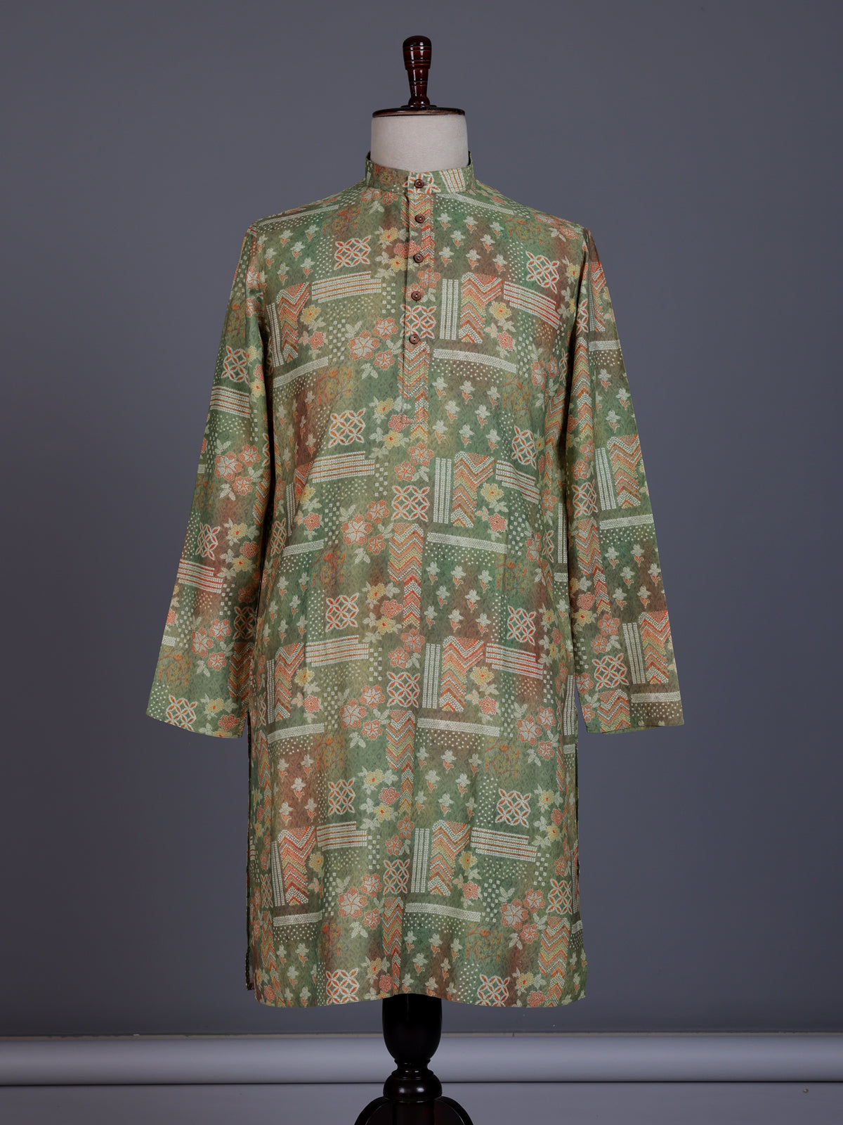 Pista green cotton silk mens kurta suit with delicate floral print