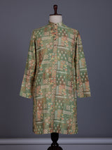 Pista green cotton silk mens kurta suit with delicate floral print