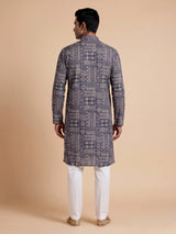 Navy blue silk mens kurta suit with refined printed detailing