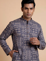 Navy blue silk mens kurta suit with refined printed detailing