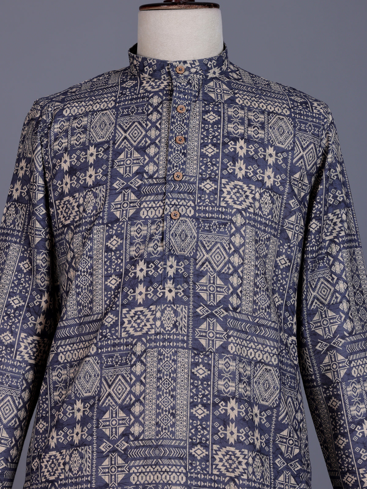 Navy blue silk mens kurta suit with refined printed detailing
