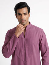 Lavender purple Poly-Viscose mens kurta suit with chevron pintucks