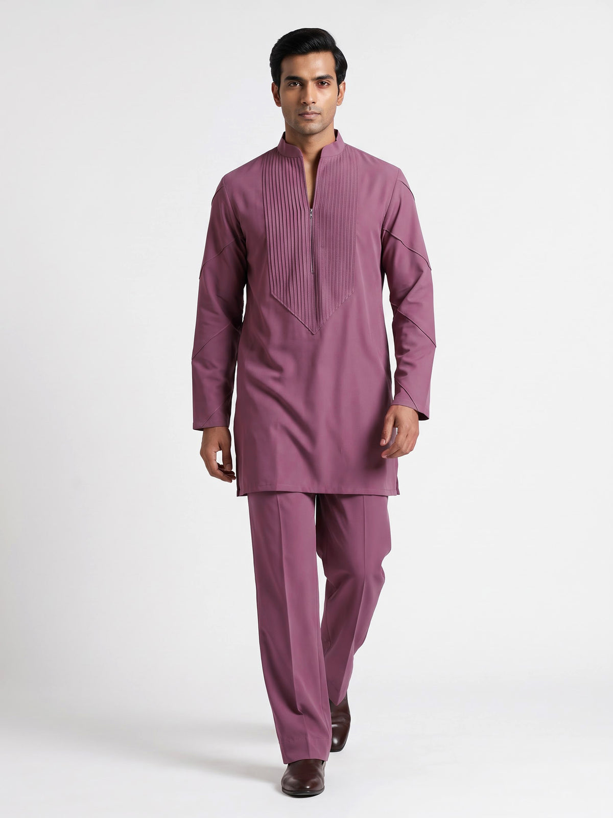 Lavender purple Poly-Viscose mens kurta suit with chevron pintucks