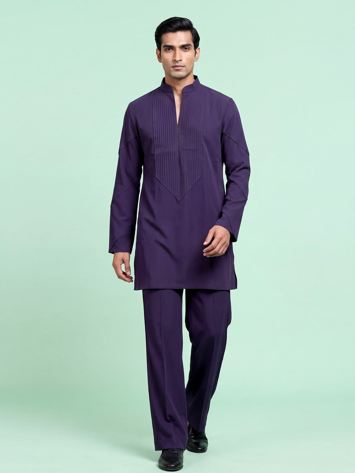 Dark purple Poly-Viscose mens kurta suit with pintuck detailing