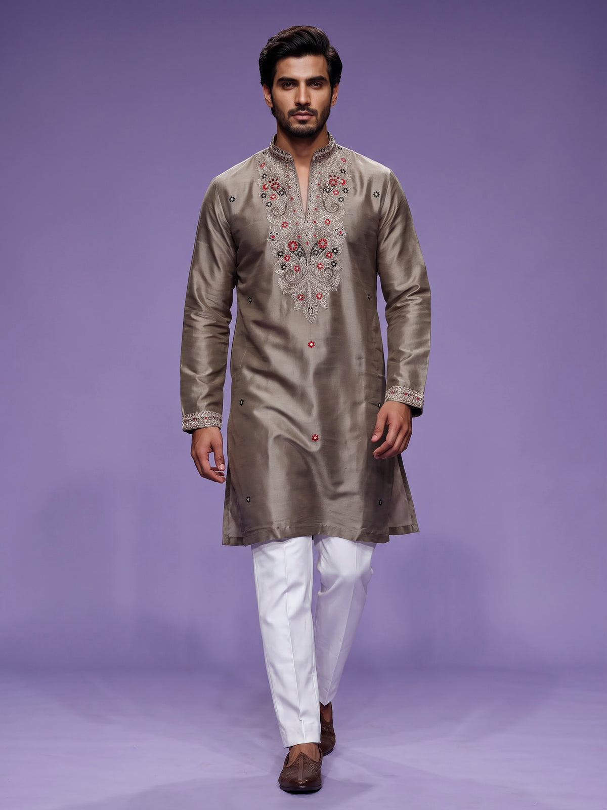 Olive grey cotton silk mens kurta suit with zardosi and stone work