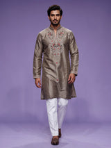 Olive grey cotton silk mens kurta suit with zardosi and stone work