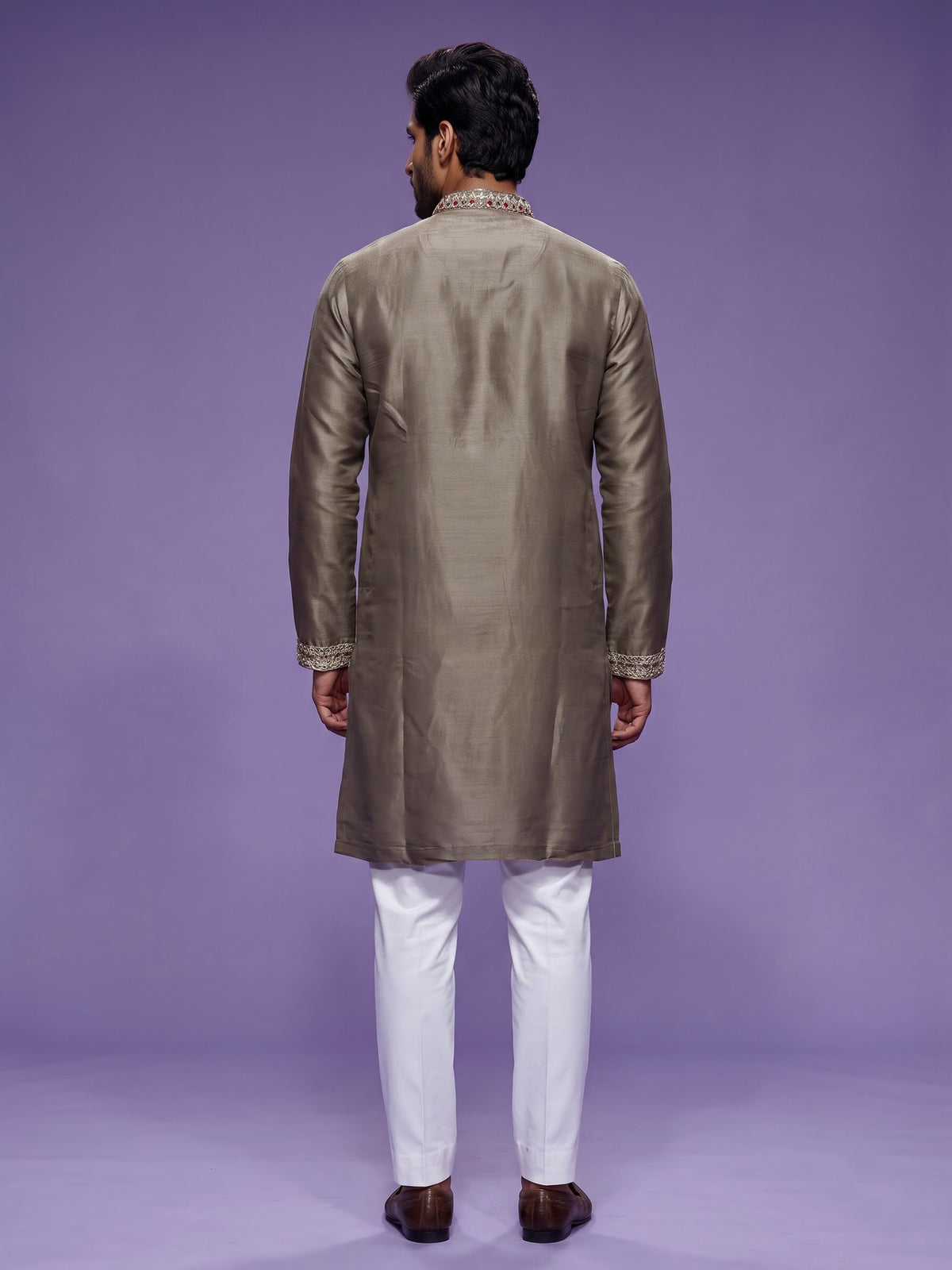 Olive grey cotton silk mens kurta suit with zardosi and stone work