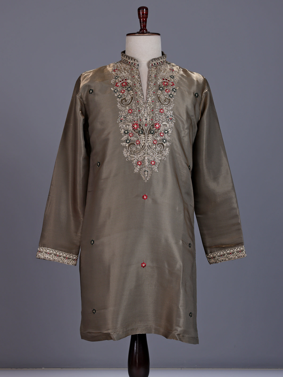 Olive grey cotton silk mens kurta suit with zardosi and stone work