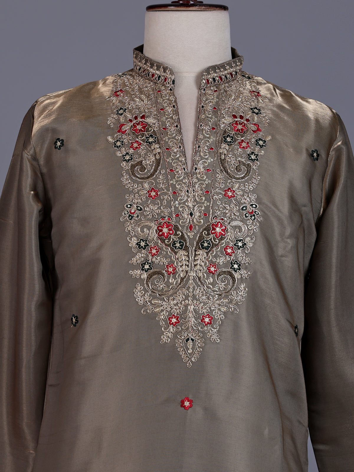 Olive grey cotton silk mens kurta suit with zardosi and stone work