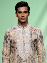 Beige cotton silk mens kurta suit with floral print and embroidered yoke