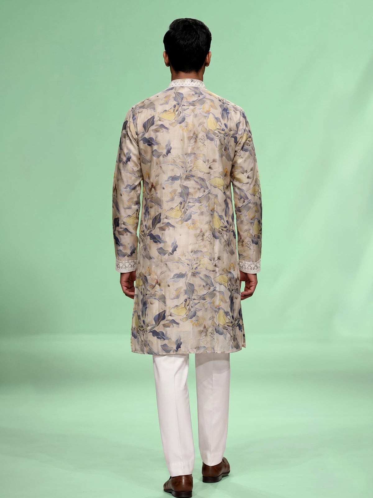 Beige cotton silk mens kurta suit with floral print and embroidered yoke