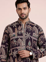 Wine cotton silk mens kurta suit with embroidered cuffs and detailing