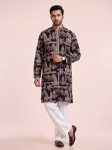 Wine cotton silk mens kurta suit with embroidered cuffs and detailing