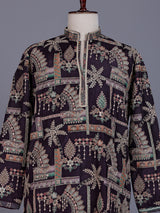 Wine cotton silk mens kurta suit with embroidered cuffs and detailing