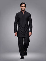 Black Poly-Viscose mens kurta suit with modern pintuck detailing