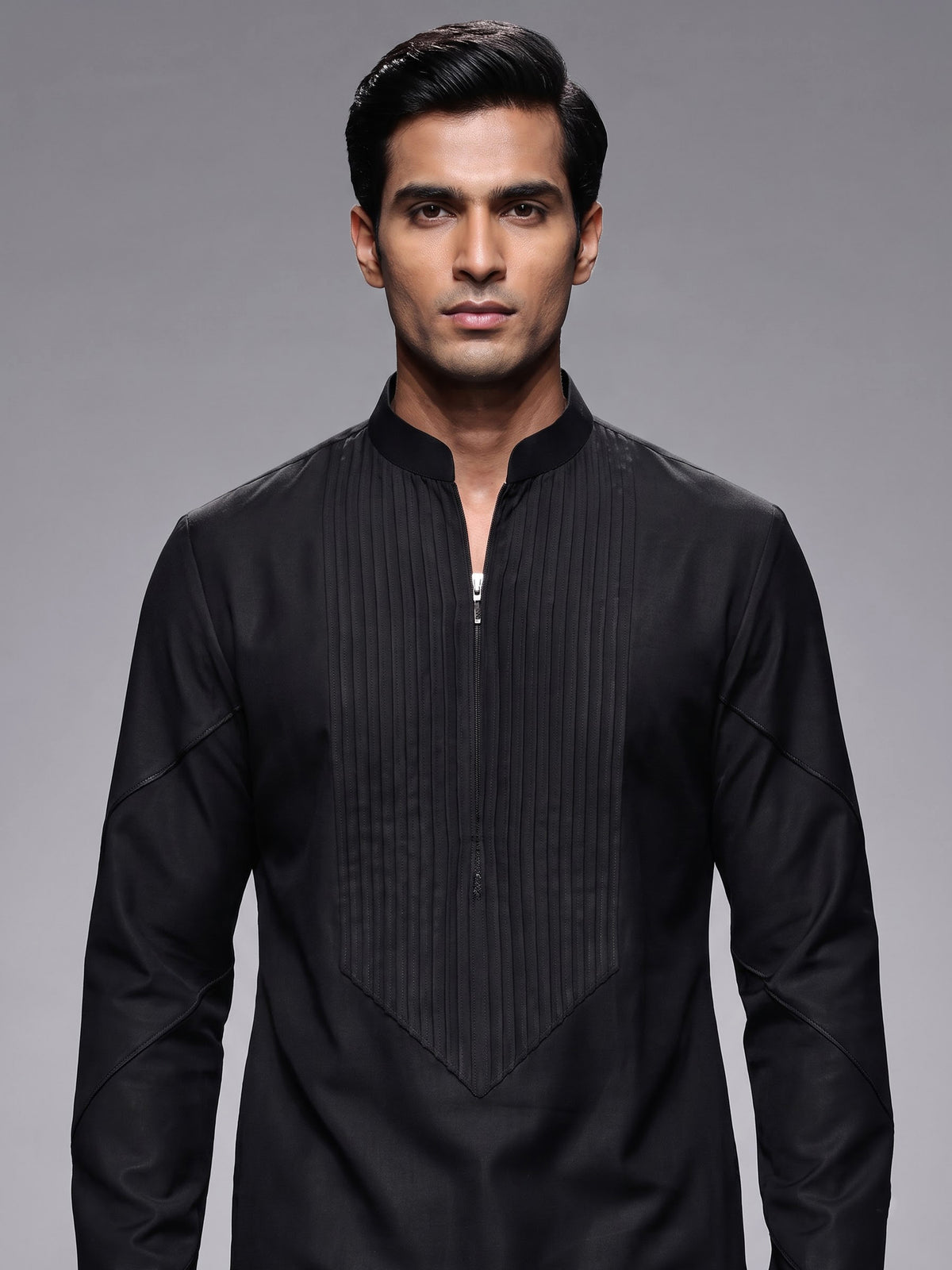 Black Poly-Viscose mens kurta suit with modern pintuck detailing