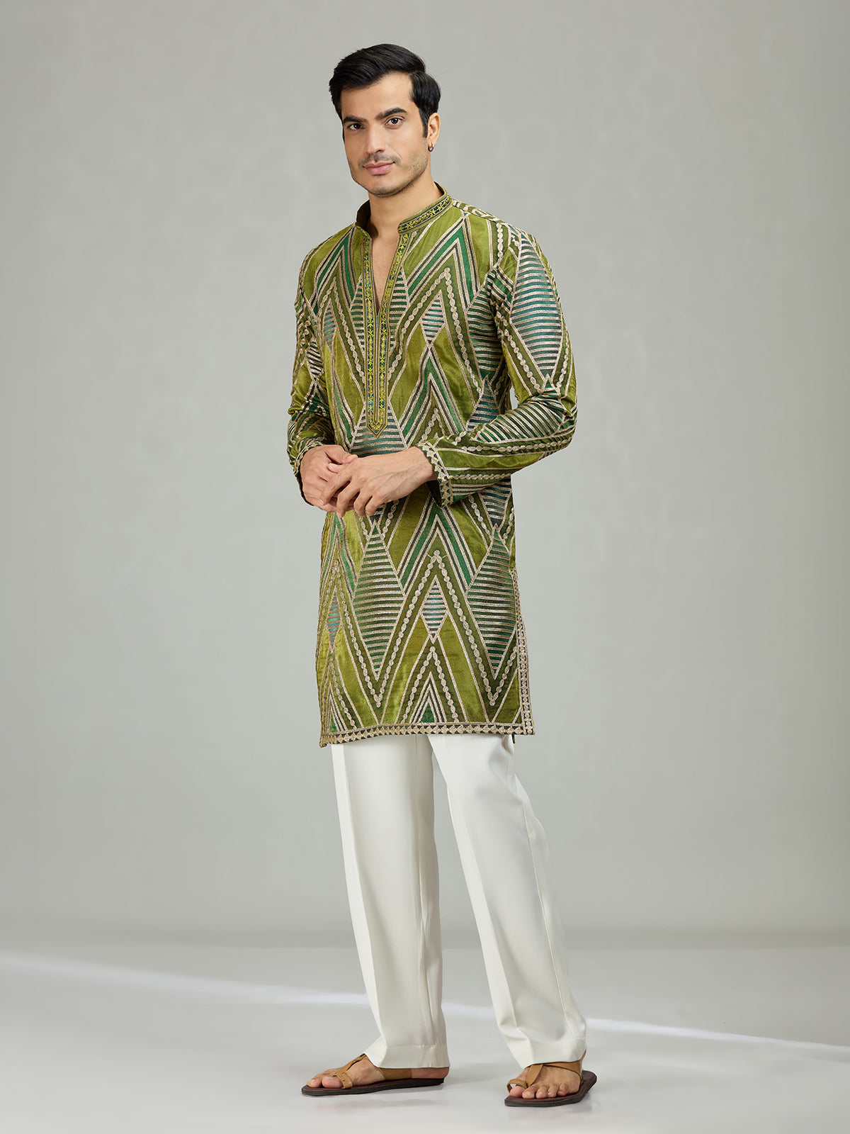 Mehendi green geometric mens kurta suit