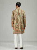 Pista green peacock print mens kurta suit