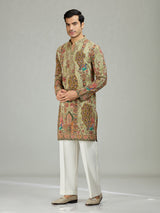 Pista green peacock print mens kurta suit