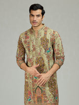 Pista green peacock print mens kurta suit