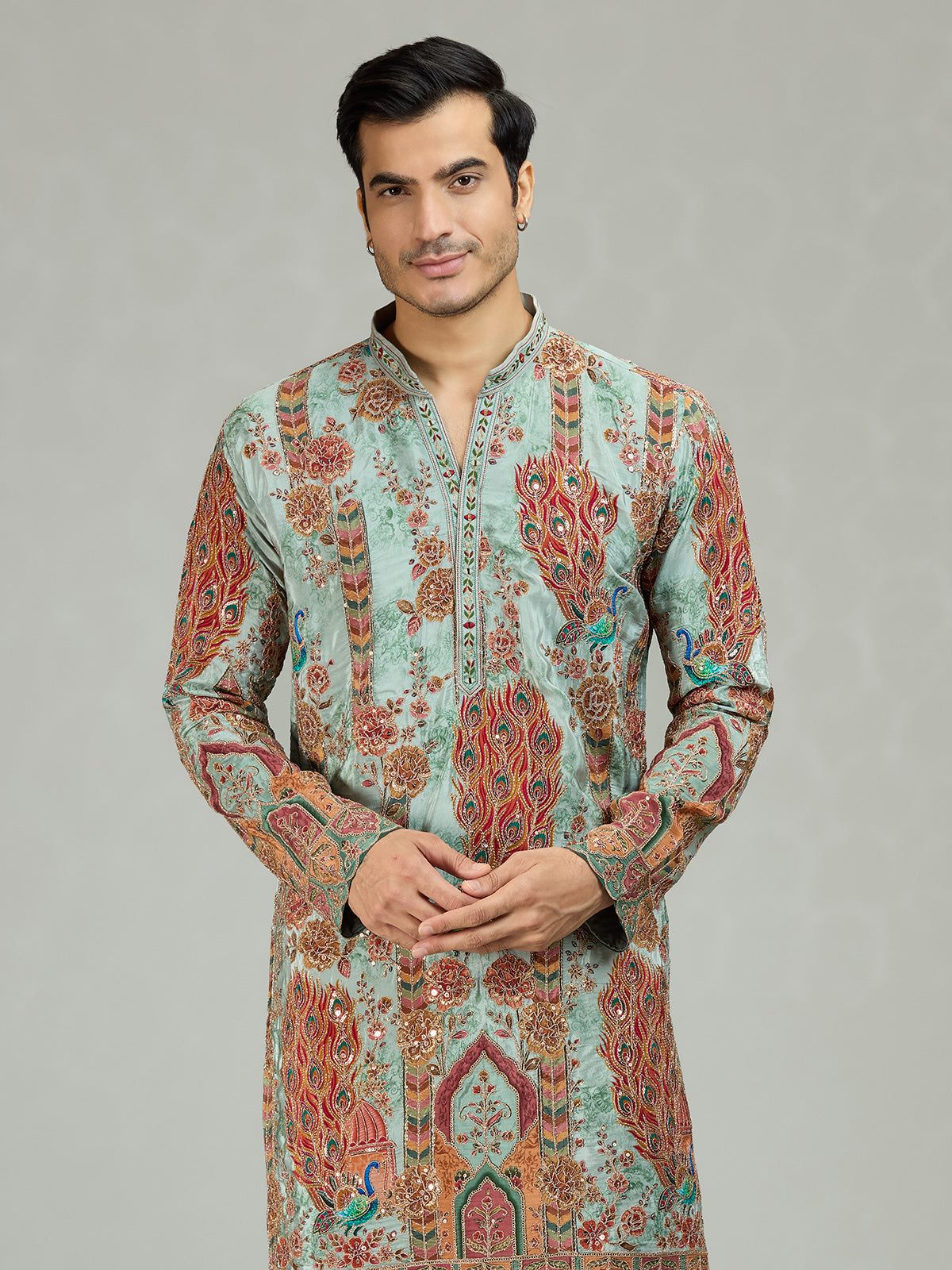 Aqua blue peacock print mens kurta suit