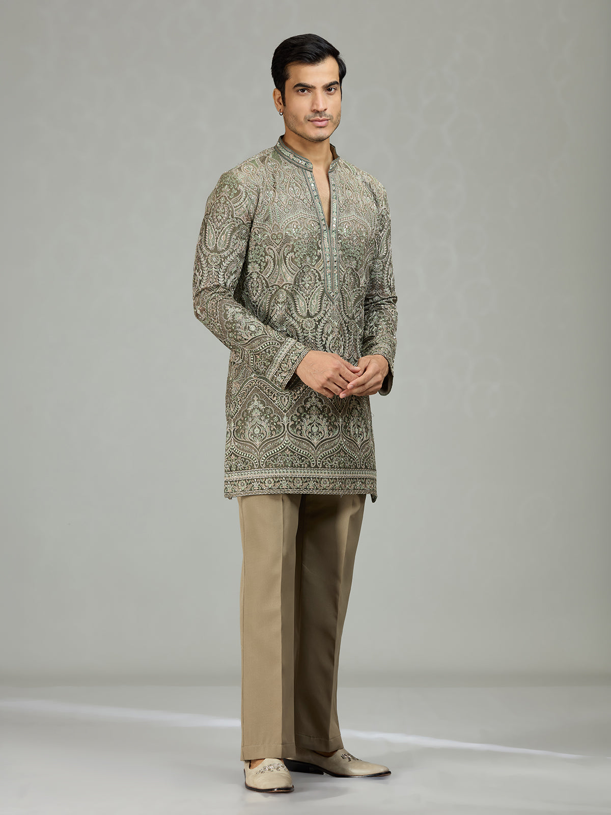 Dusty sage graceful embroidered mens kurta suit