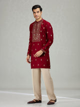 Maroon floral panel mens kurta suit