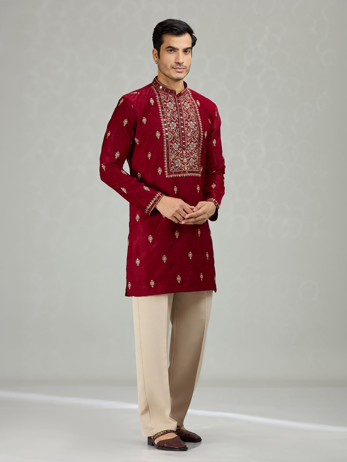 Maroon floral panel mens kurta suit