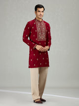 Maroon floral panel mens kurta suit