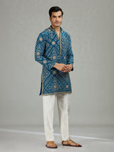 Teal blue heritage bandhej mens kurta suit