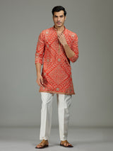 Orange festive bandhej mens kurta suit
