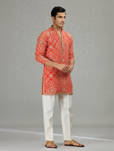 Orange festive bandhej mens kurta suit