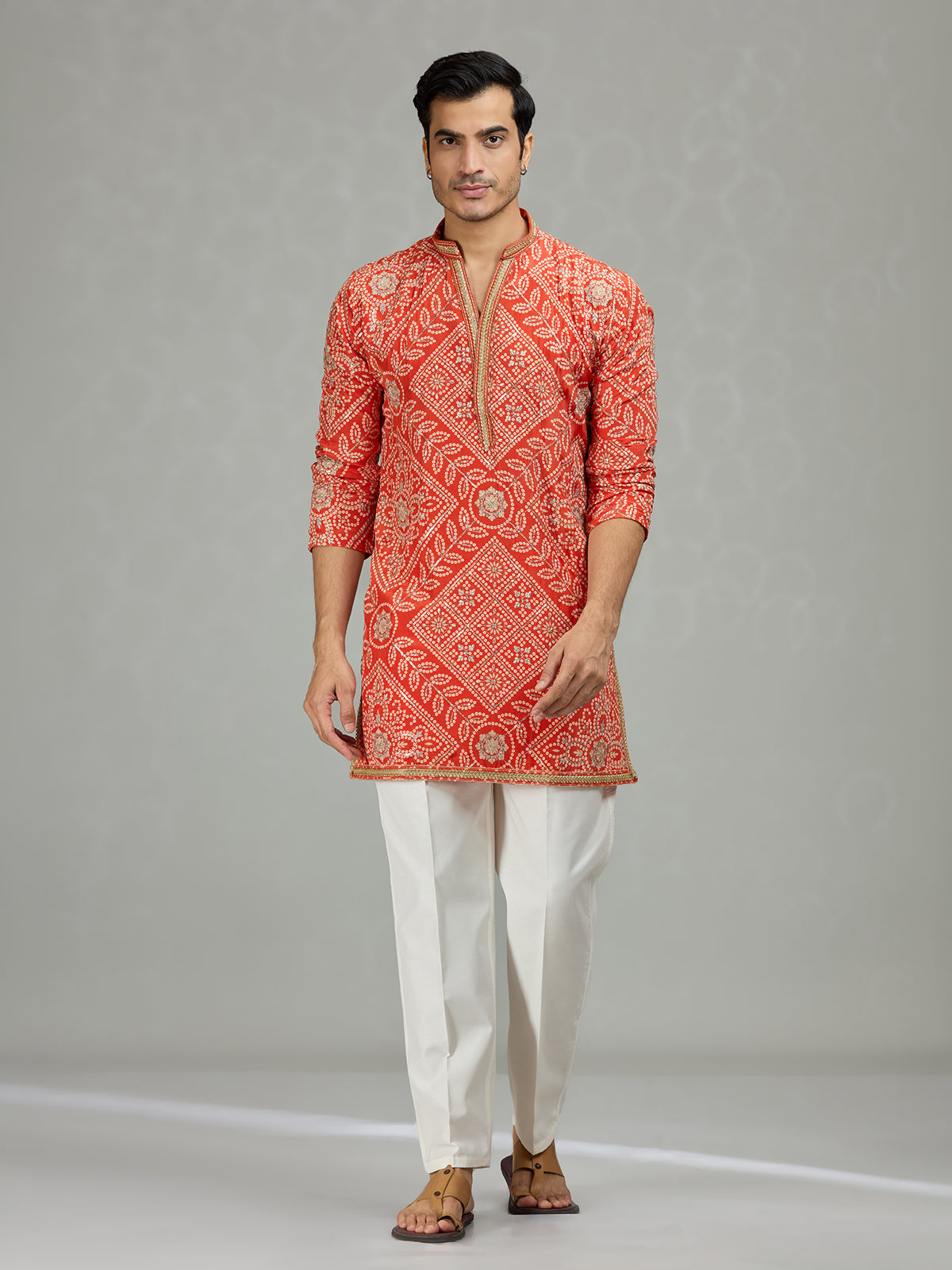 Orange festive bandhej mens kurta suit
