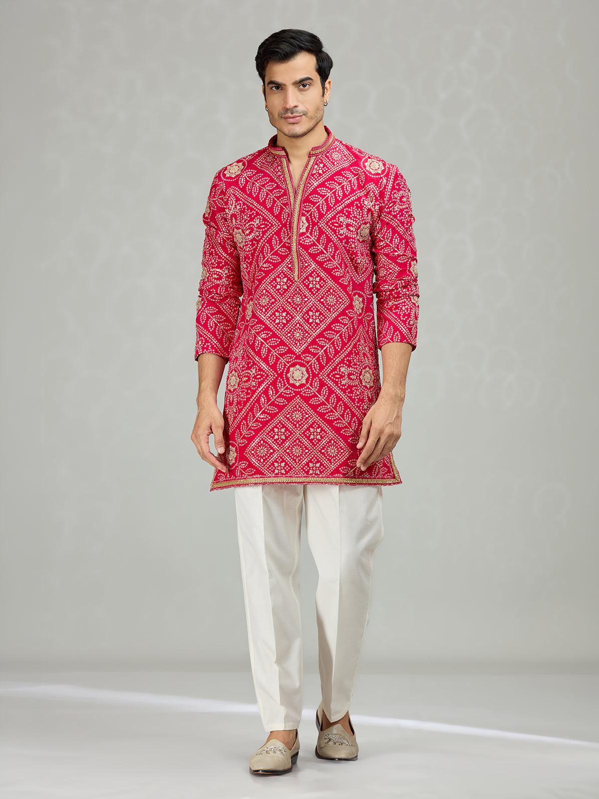 Hot pink vibrant bandhej mens kurta suit
