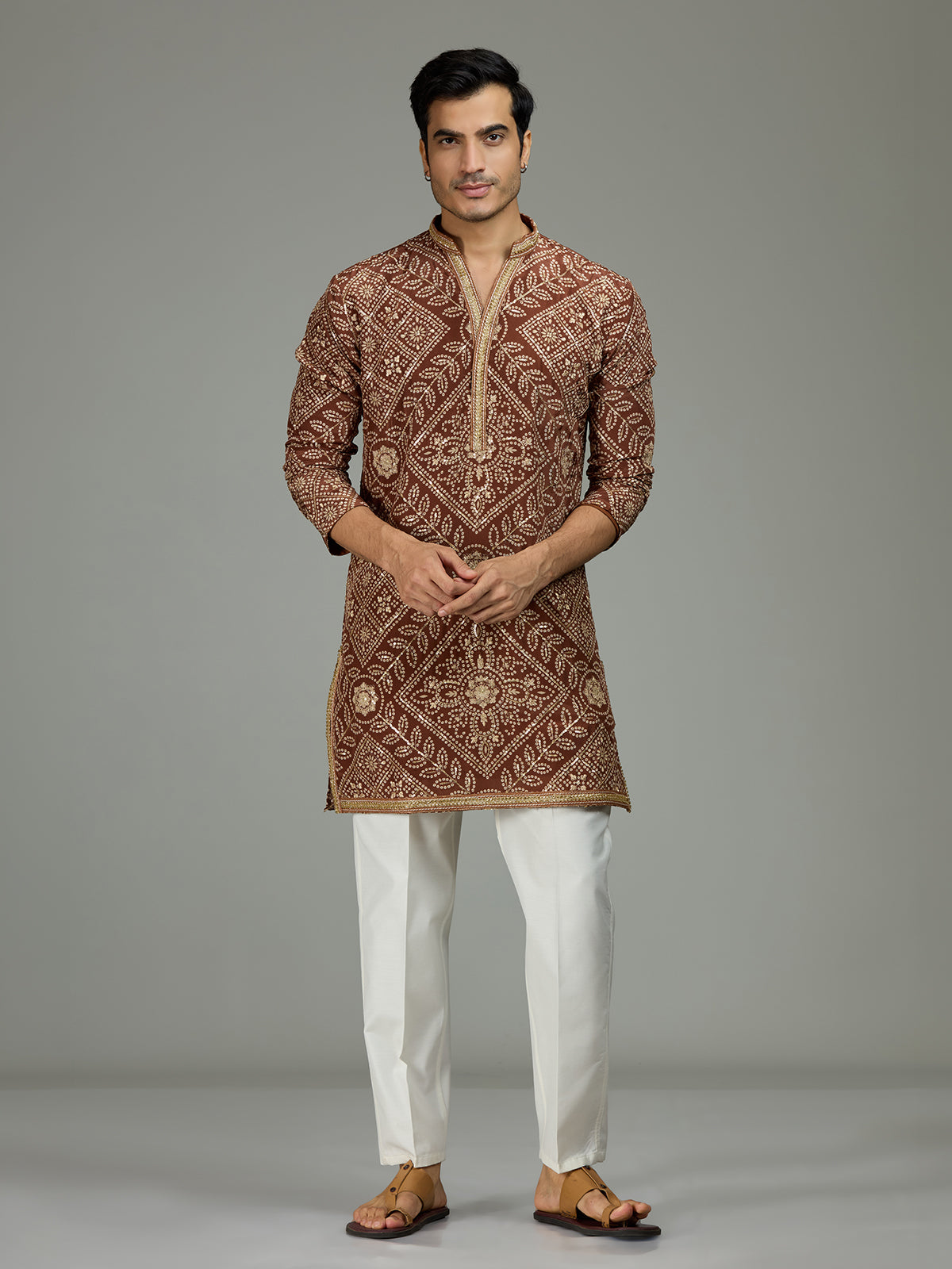 Brown traditional bandhej mens kurta suit